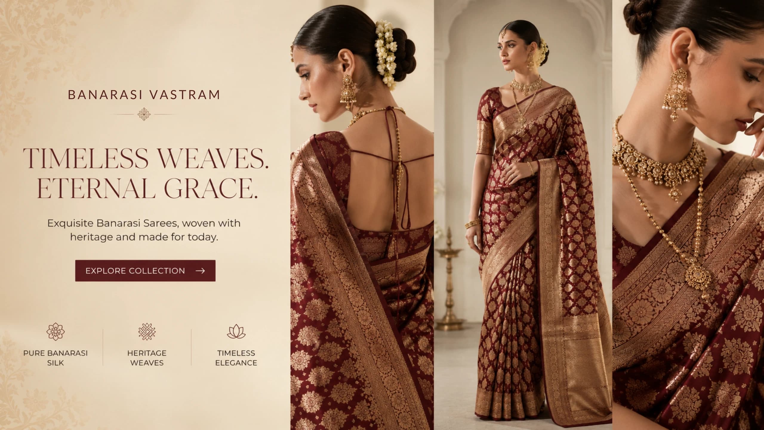 Timeless weaves, eternal grace. Exquisite Banarasi sarees, woven with heritage and made for today.