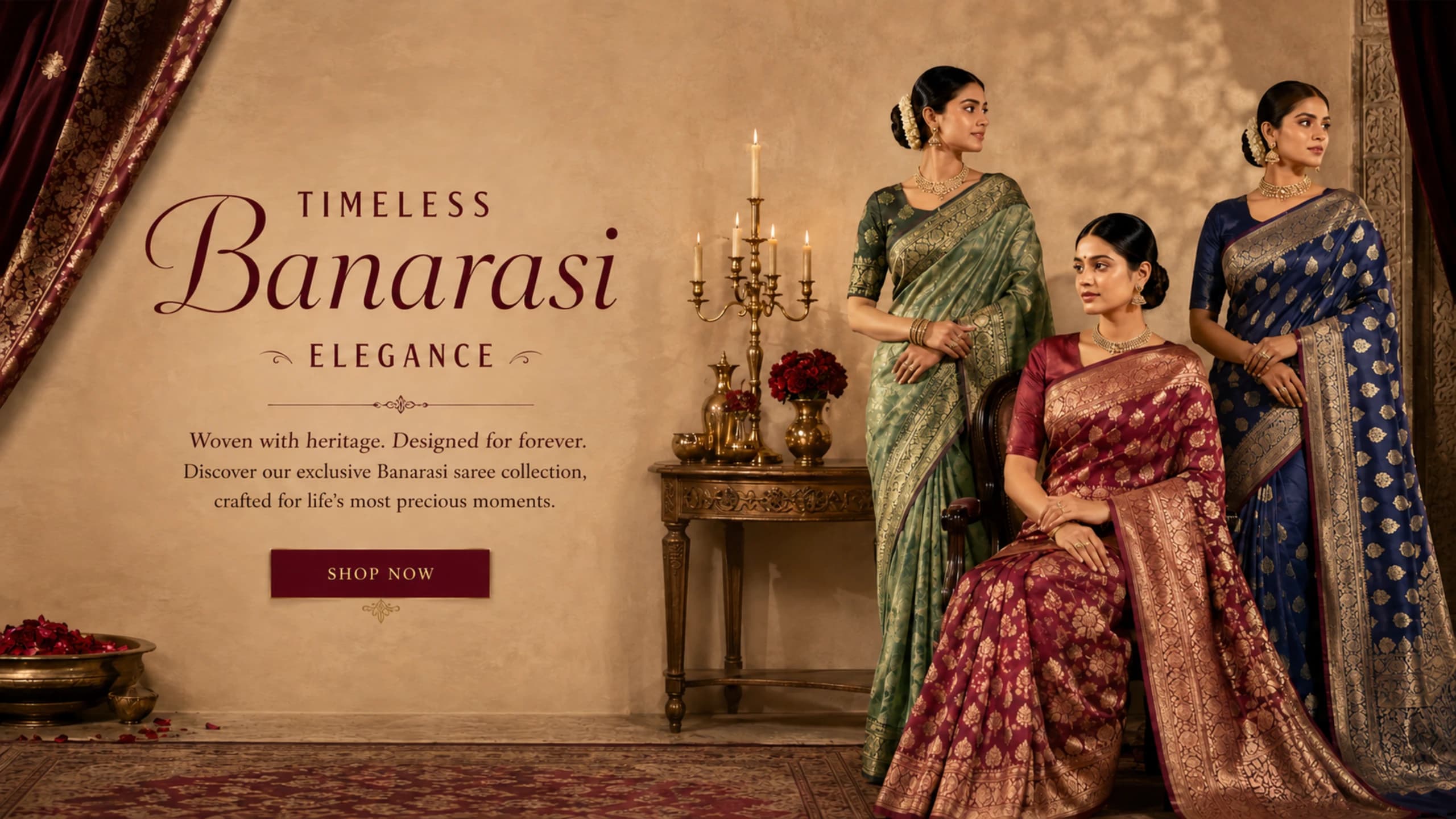 Timeless Banarasi Elegance. Woven with heritage, designed for forever. Discover our exclusive Banarasi saree collection, crafted for life's most precious moments.
