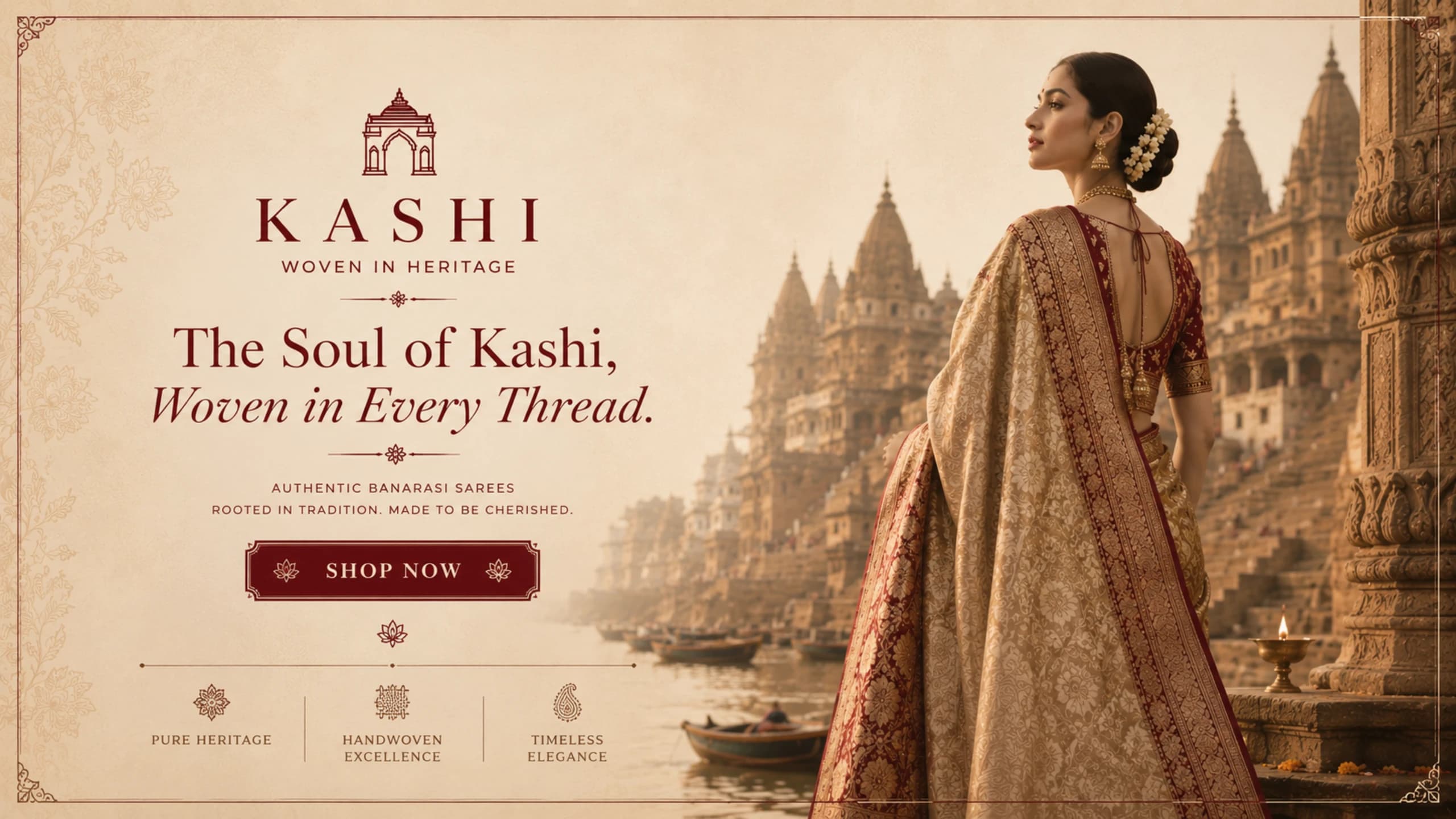 Kashi, woven in heritage. The soul of Kashi, woven in every thread. Authentic Banarasi sarees, rooted in tradition, made to be cherished.